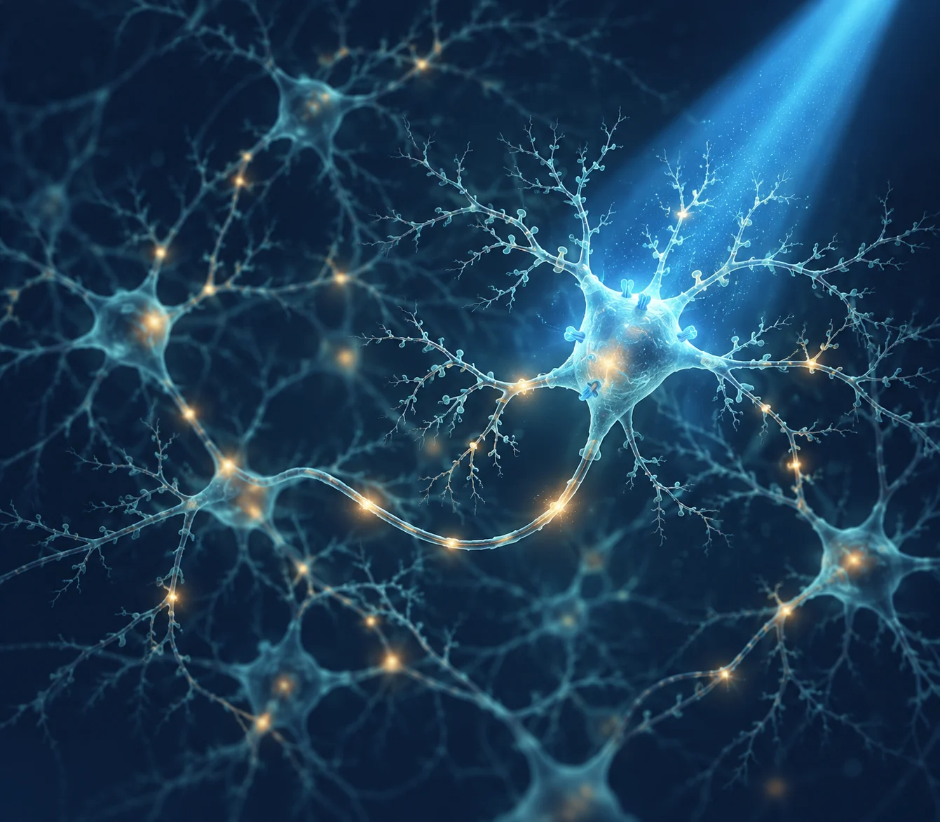 Conceptual illustration of blue light activating a neuron within a branching neural circuit